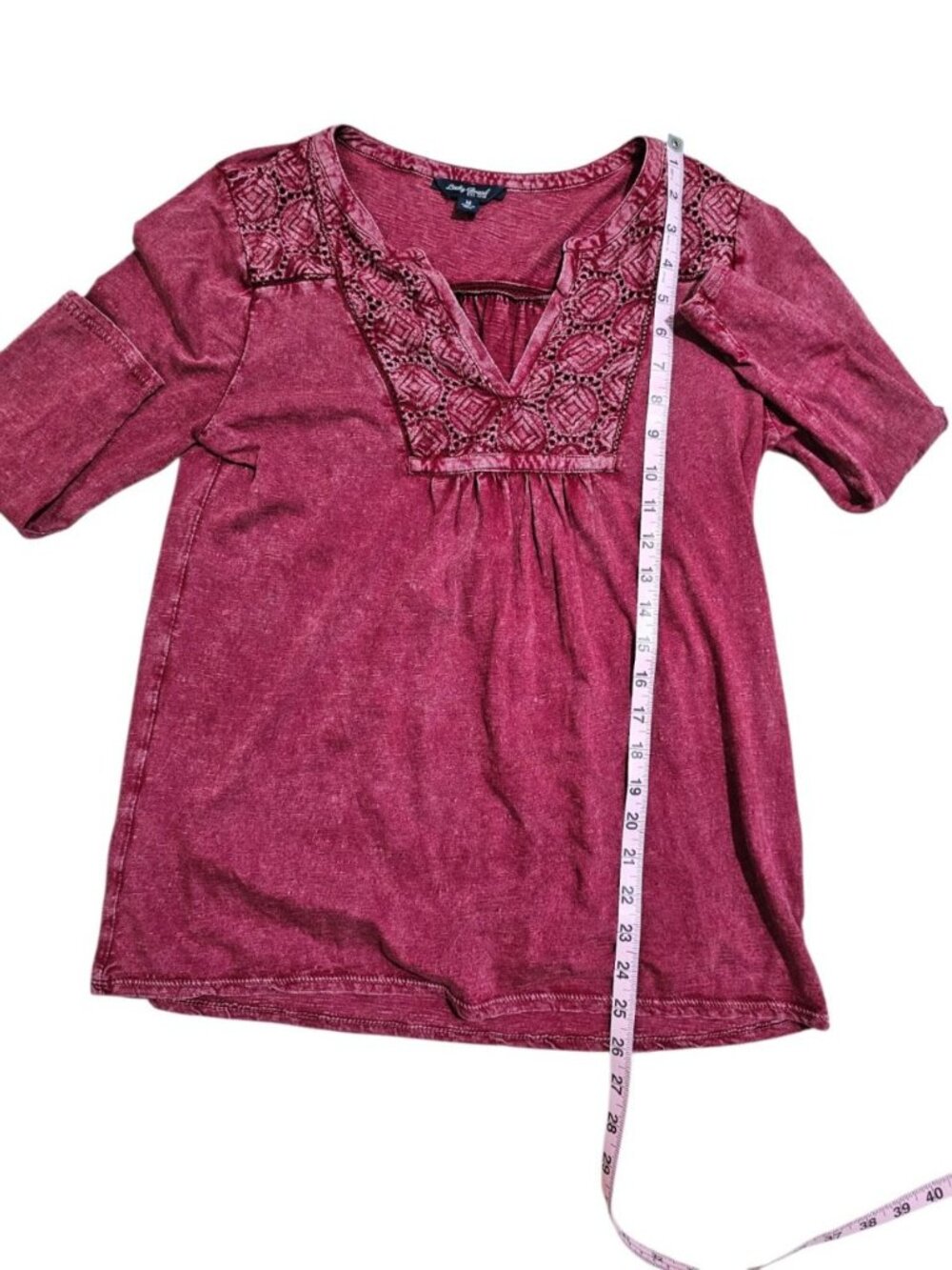 Lucky Brand Women M Blouse Deep Red Cotton Crochet Embroidered Boho Statement - Picture 6 of 7